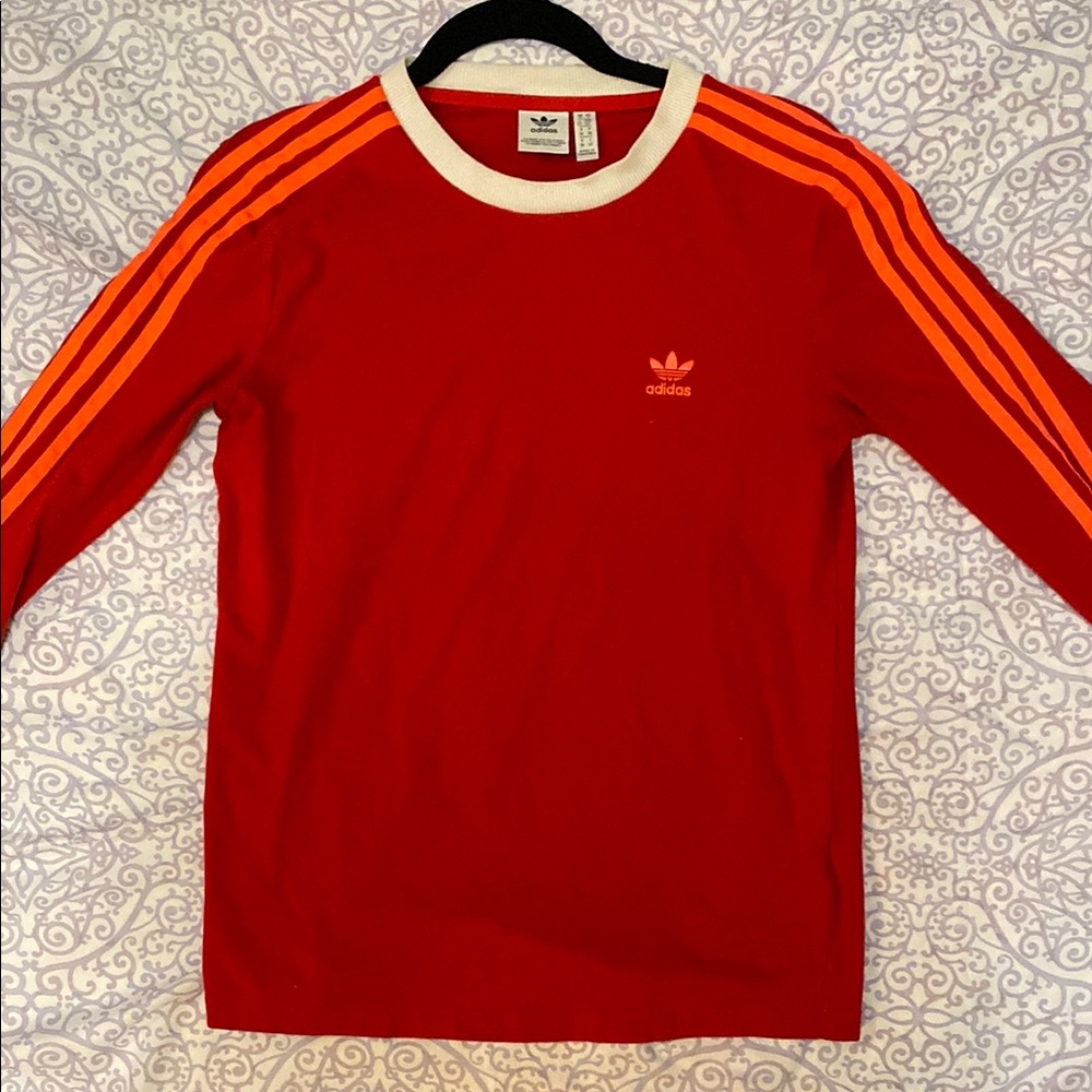 Adidas Red Long Sleeve Shirt with Pink/Orange Stripes